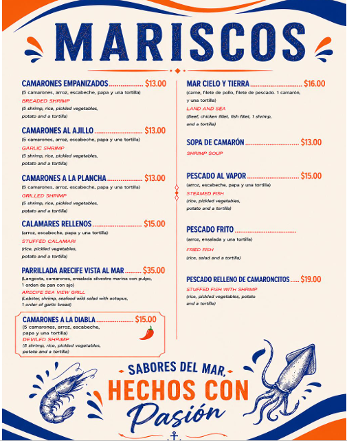 Menú de mariscos